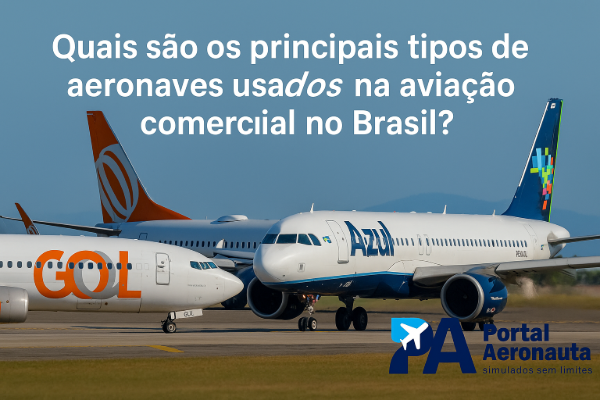 LATAM Airbus A320 em solo e Gol Boeing 737 decolando em aeroporto brasileiro. Texto: Quais são os principais tipos de aeronaves usados na aviação comercial no Brasil? – Portal Aeronauta