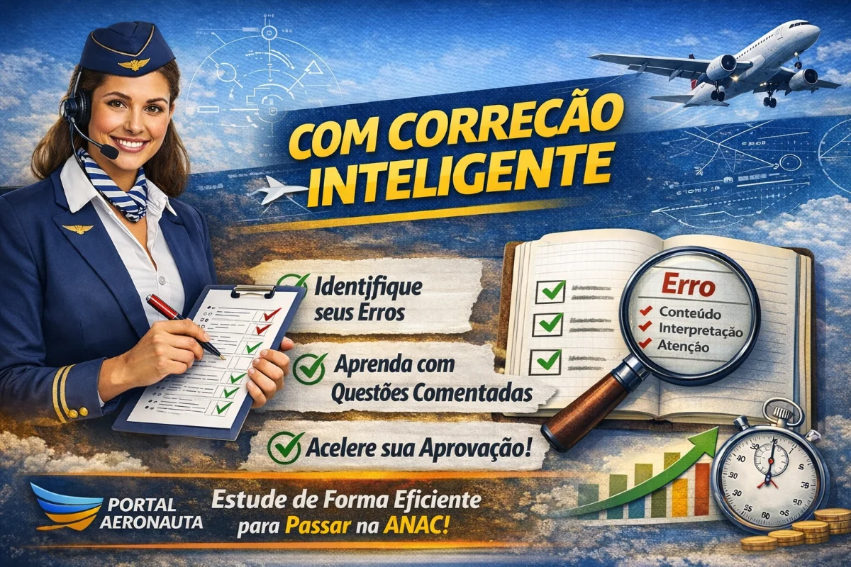 Comissária estudando simulados do Portal Aeronauta